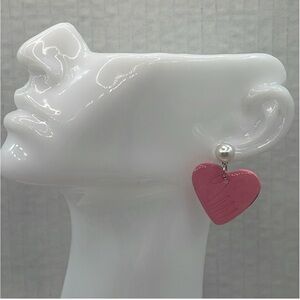 Handmade polymer clay pink hand heart earrings with white pearl.